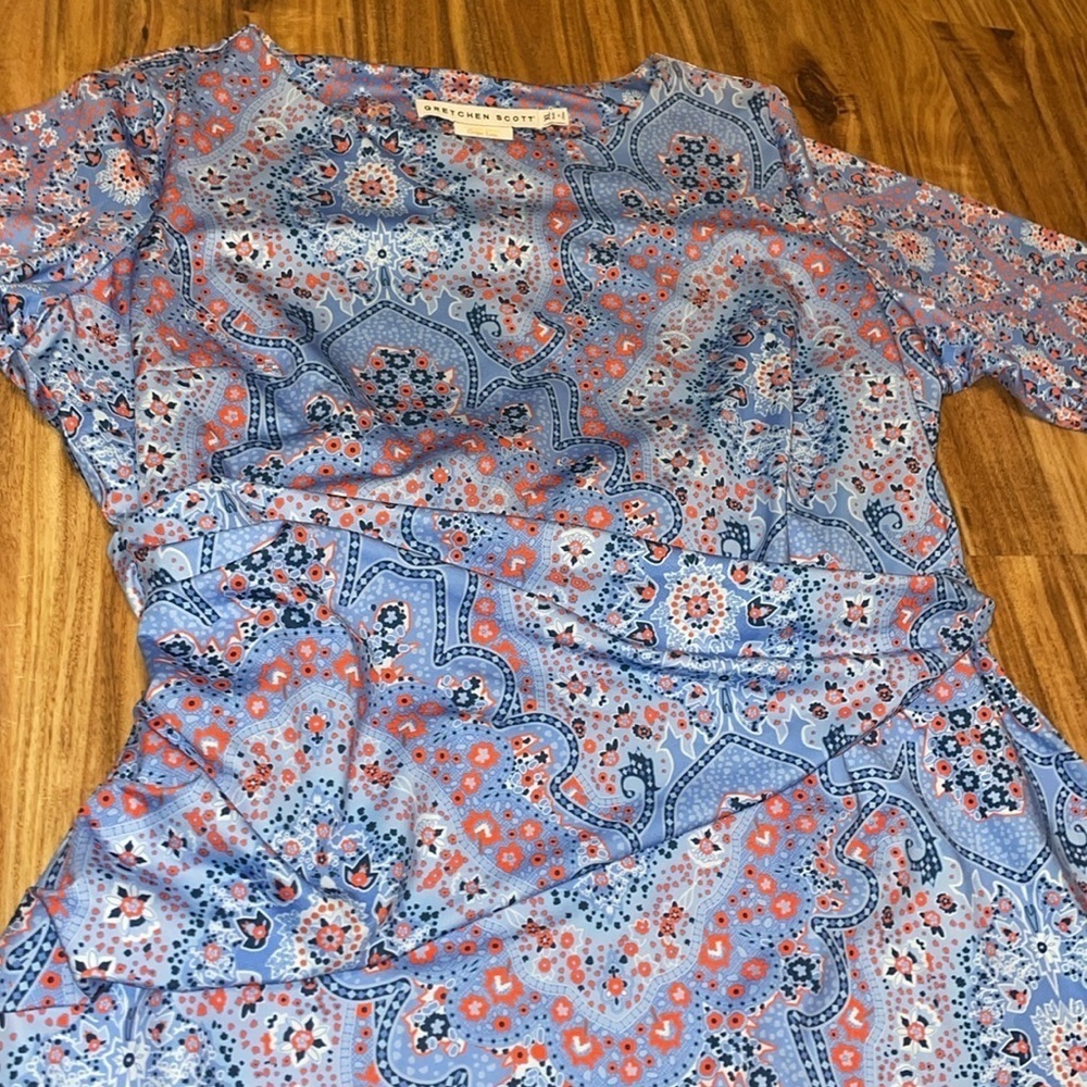 Gretchen Scott women’s XL 16 18 dress Blue 
Orange pattern stretch 3/4 sleeve - Picture 4 of 11